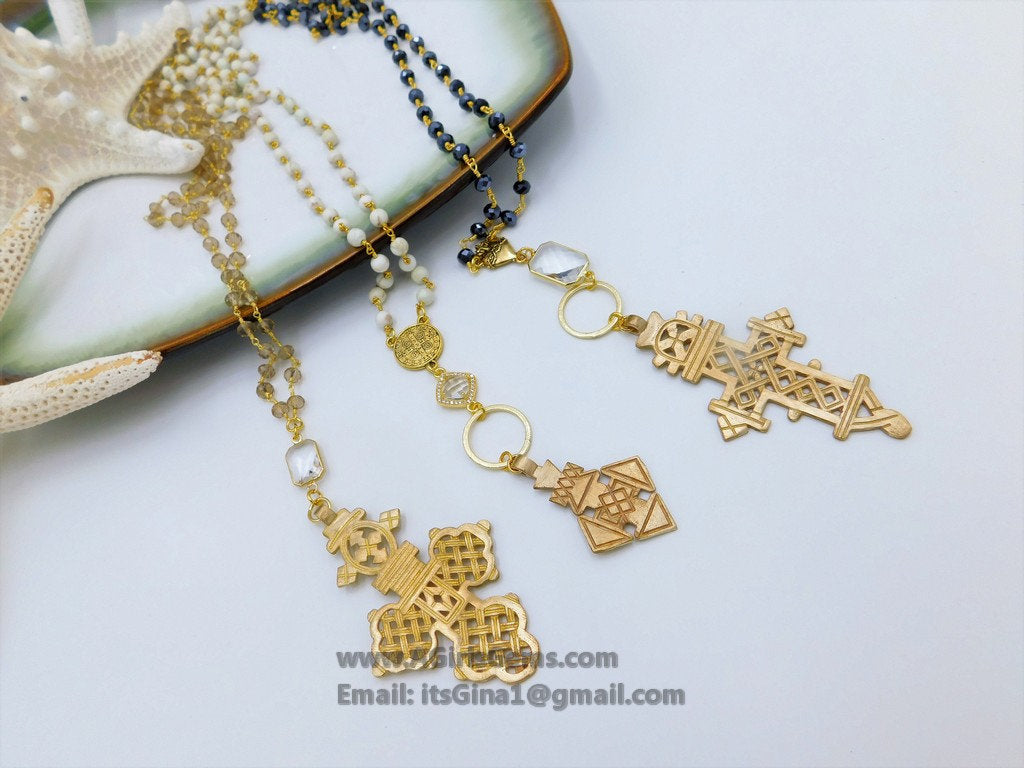 Gold Rosary Cross Necklace, Smoky Rosary Gold Brass Ethiopian Cross, Long Rosary Necklace - A Girls Gems