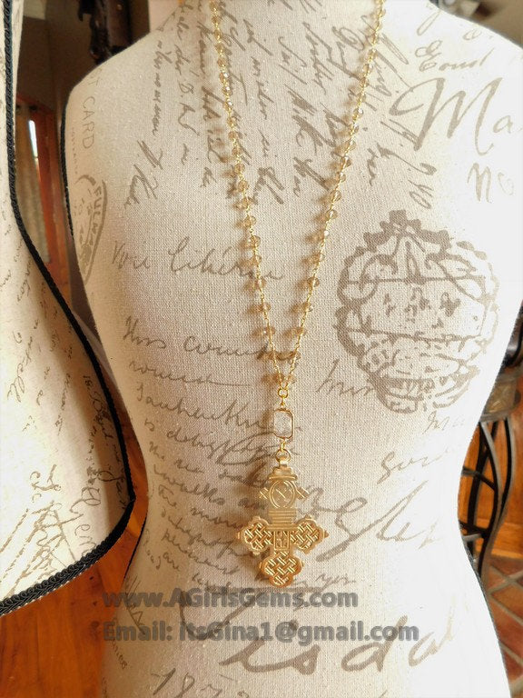 Gold Rosary Cross Necklace, Smoky Rosary Gold Brass Ethiopian Cross, Long Rosary Necklace - A Girls Gems