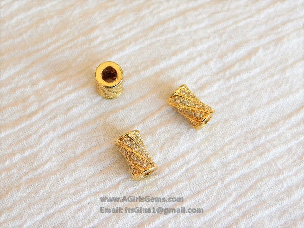 CZ Micro Paved Tube Beads, Clear Cubic Zirconia 6 x 10 mm Gold Plated Focal Bead Spacers - A Girls Gems