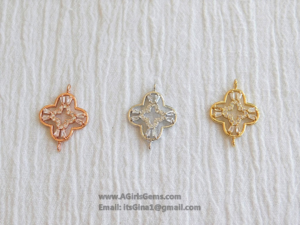 CZ Quatrefoil Connectors, Black Cubic Zirconia Pave, Fancy Baguette Bracelet Links, 15 x 21 mm - A Girls Gems