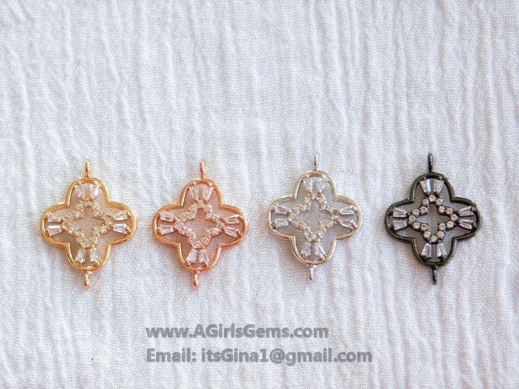 CZ Quatrefoil Connectors, Black Cubic Zirconia Pave, Fancy Baguette Bracelet Links, 15 x 21 mm - A Girls Gems