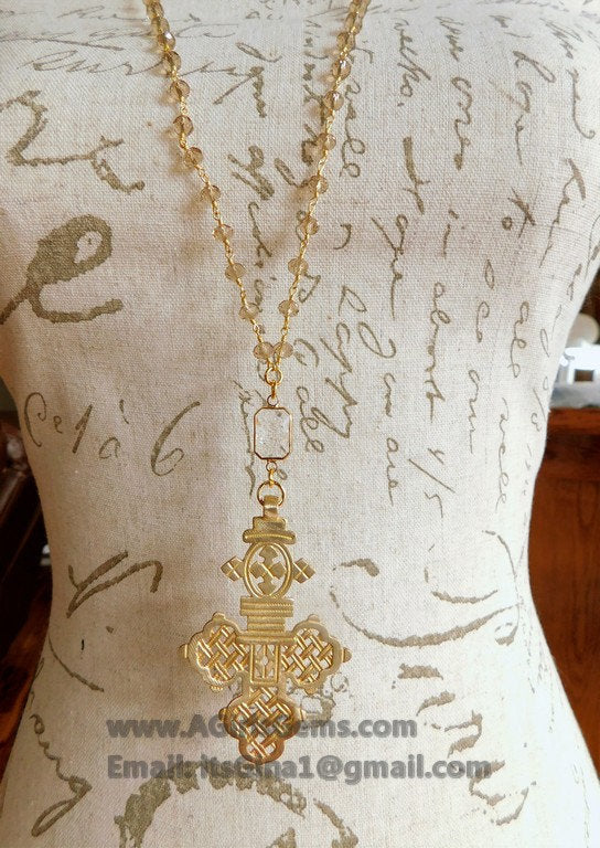 Gold Rosary Cross Necklace, Smoky Rosary Gold Brass Ethiopian Cross, Long Rosary Necklace - A Girls Gems