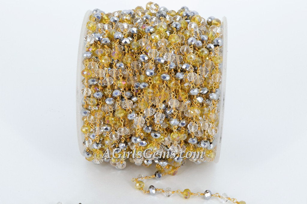 Crystal Rosary Chain, 22 K Gold Wire Wrapped Clear. Silver Gold AB Pink Opal Multi Color Beaded Necklace Chain 6 mm Bulk Wholesale Store - A Girls Gems