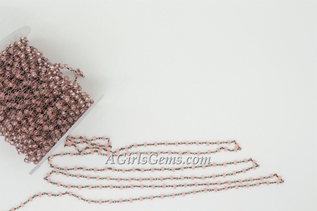 Pink Crystal Rosary Beaded Rosary Chain, Gunmetal Black 4 mm Rondelle Religious Bulk Chains for Rosary Necklace/Bracelet Jewelry Supplies - A Girls Gems