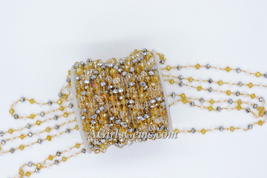 Crystal Rosary Chain, 22 K Gold Wire Wrapped Clear. Silver Gold AB Pink Opal Multi Color Beaded Necklace Chain 6 mm Bulk Wholesale Store - A Girls Gems