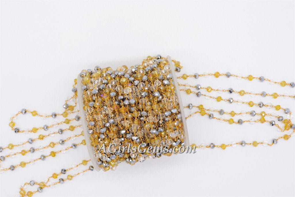 Crystal Rosary Chain, 22 K Gold Wire Wrapped Clear. Silver Gold AB Pink Opal Multi Color Beaded Necklace Chain 6 mm Bulk Wholesale Store - A Girls Gems