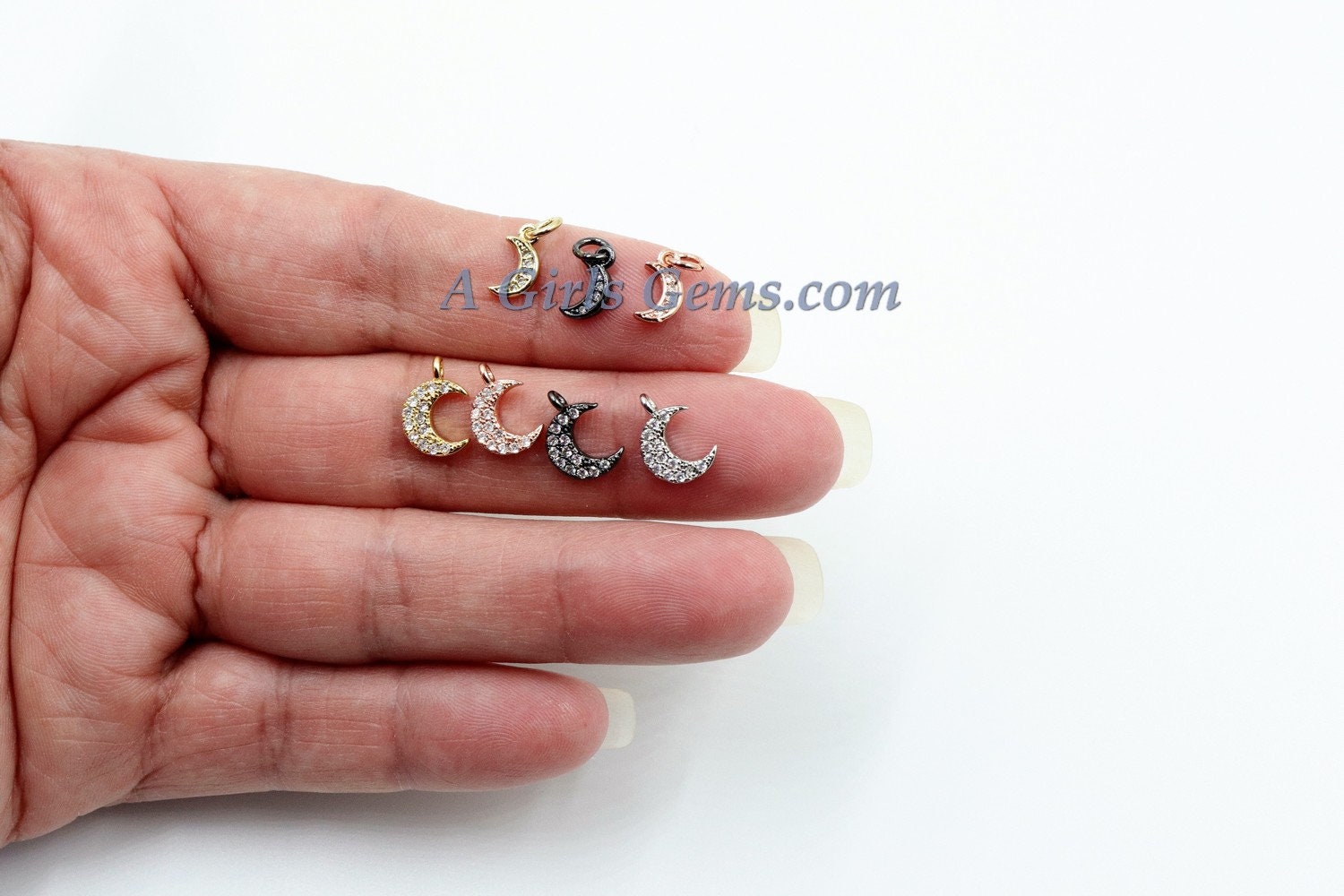 CZ Tiny Crescent Moon Charm, 3 pcs Mini Moon Charms, Dainty CZ Moon, 8 x 10 mm #26 - A Girls Gems