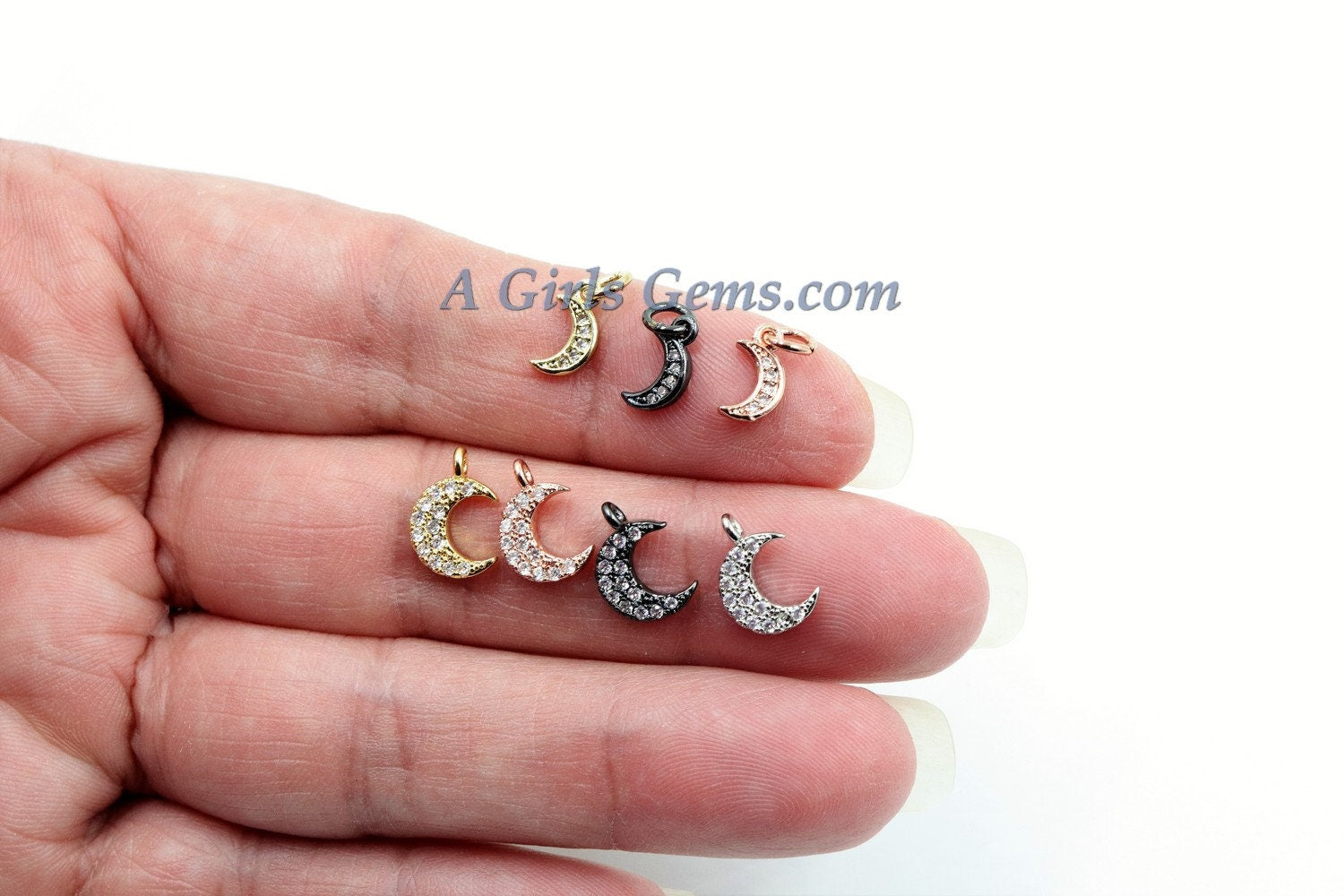 CZ Tiny Crescent Moon Charm, 3 pcs Mini Moon Charms, Dainty CZ Moon, 8 x 10 mm #26 - A Girls Gems