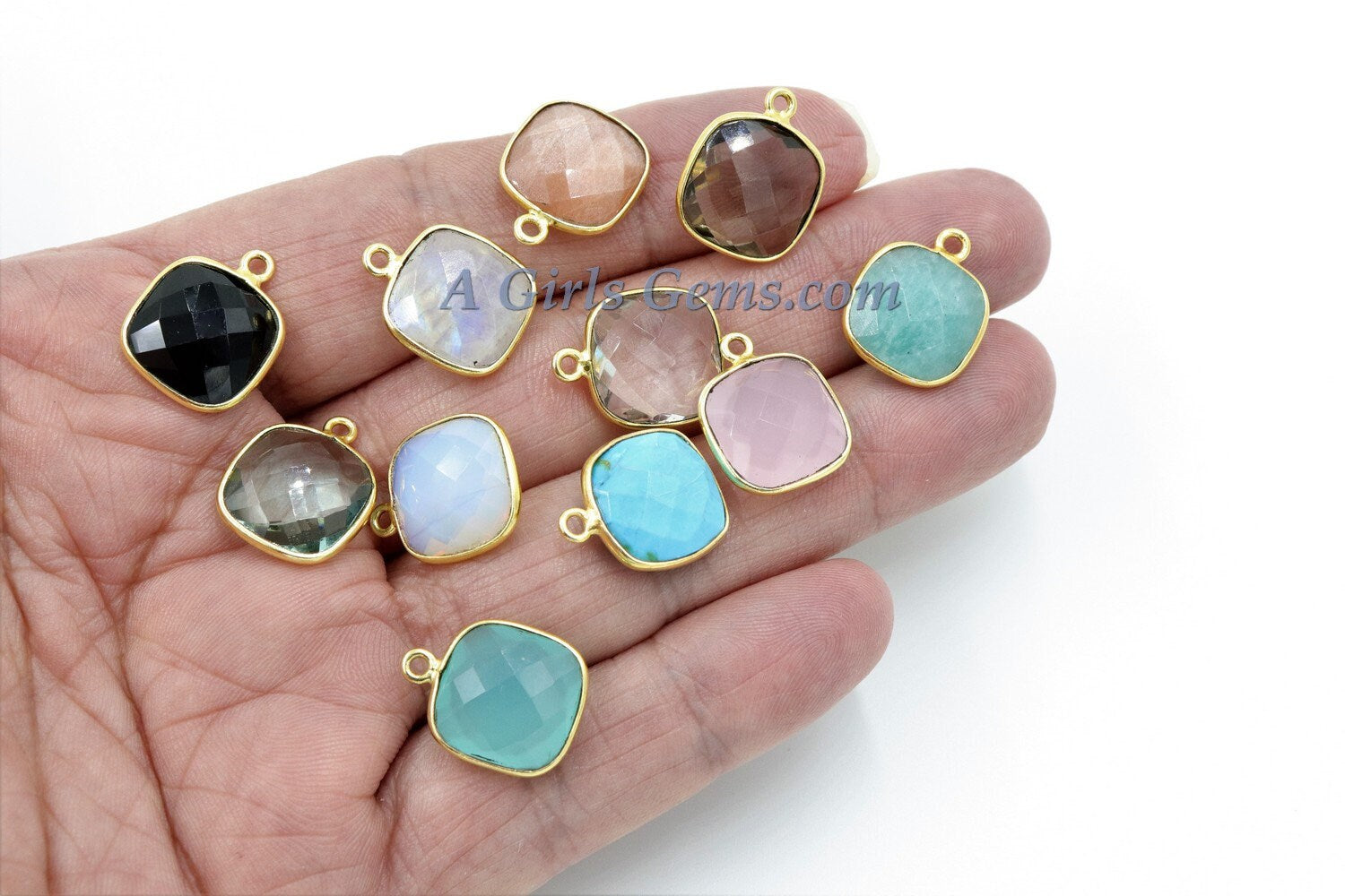 Square Charms, Gold Plated Gemstone Charms, Small Birthstone Pendants 14 x 16 mm