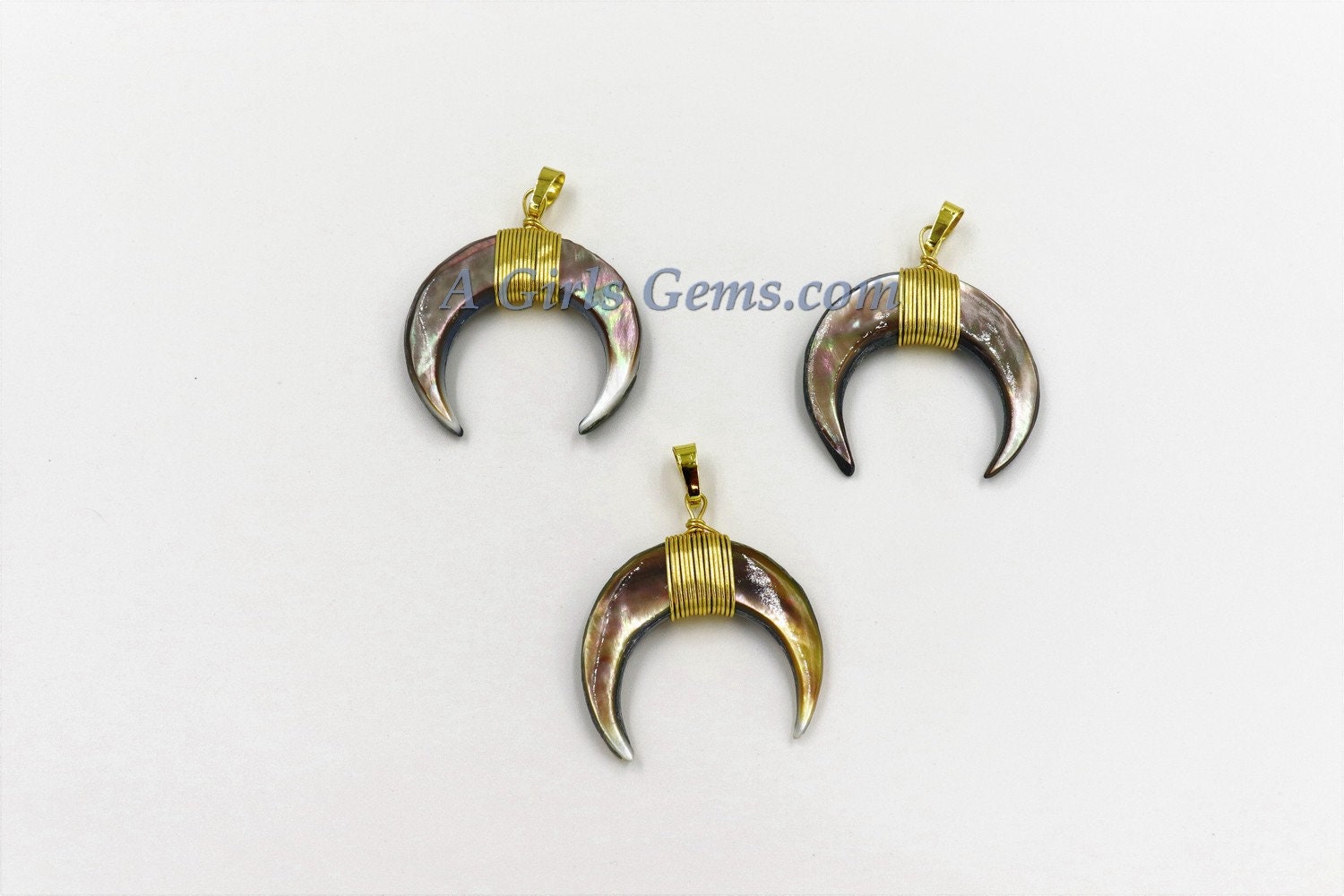 Crescent Moon Charms, Black Shell Double Horn Charms, Shell Pendants Gold Wire Wrapped, 35 mm Boho Pendant DIY Jewelry Making - A Girls Gems