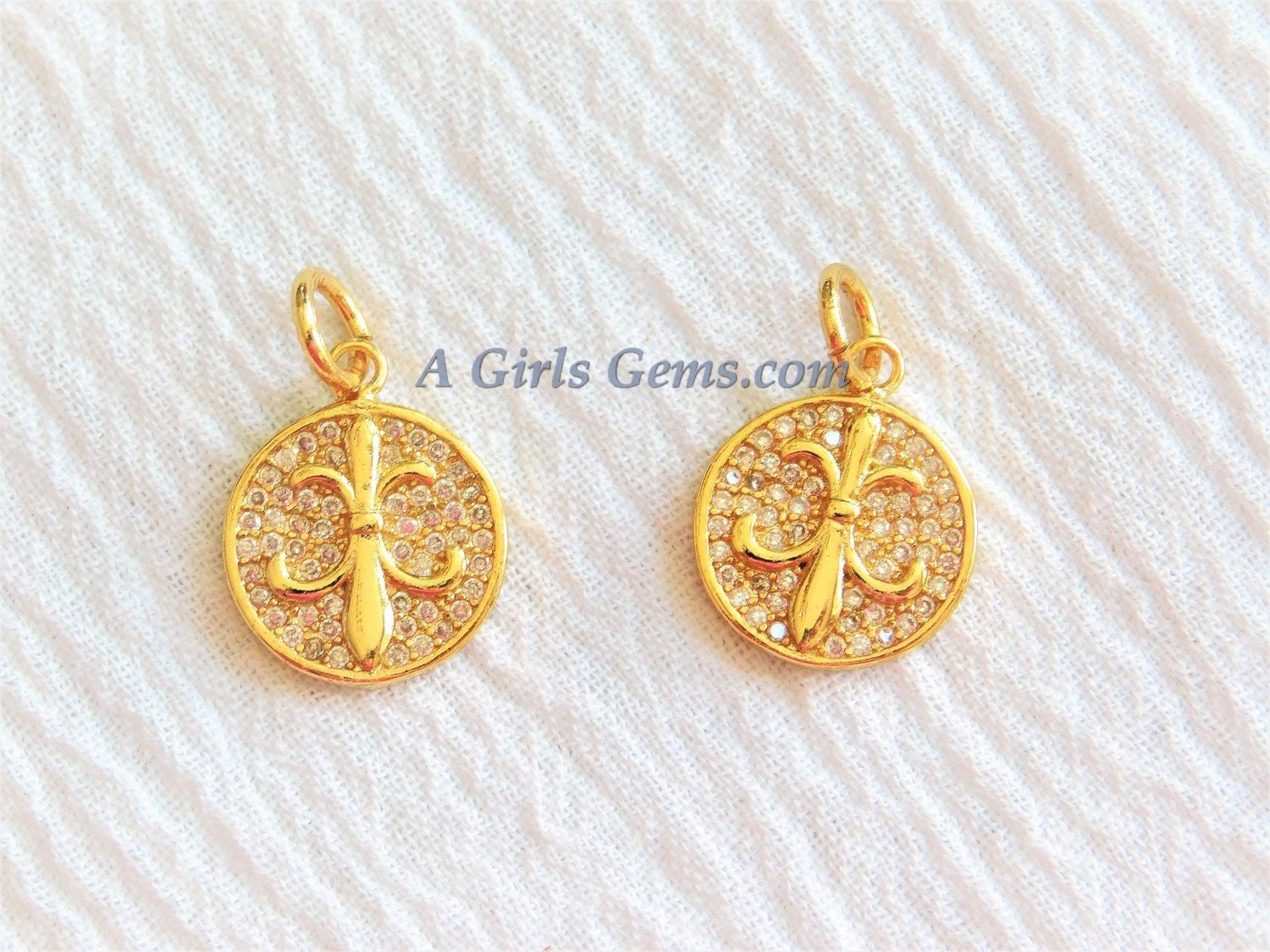 CZ Micro Pave Fleur De Lis Pendant, Gold Plated New Orleans Louisiana Charm, Jewelry Supplies
