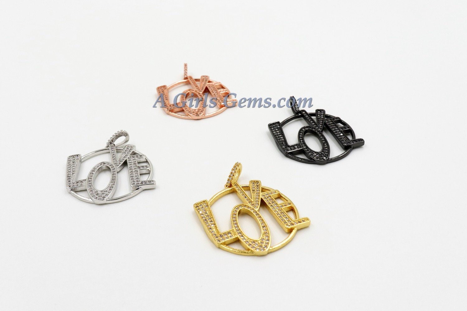 CZ Love Charms, CZ Large Round Bracelet Jewelry Pendants, Cubic Zirconia LOVE for Necklace, 18 k Rose/Silver/Gold or Black Rhodium Plated - A Girls Gems