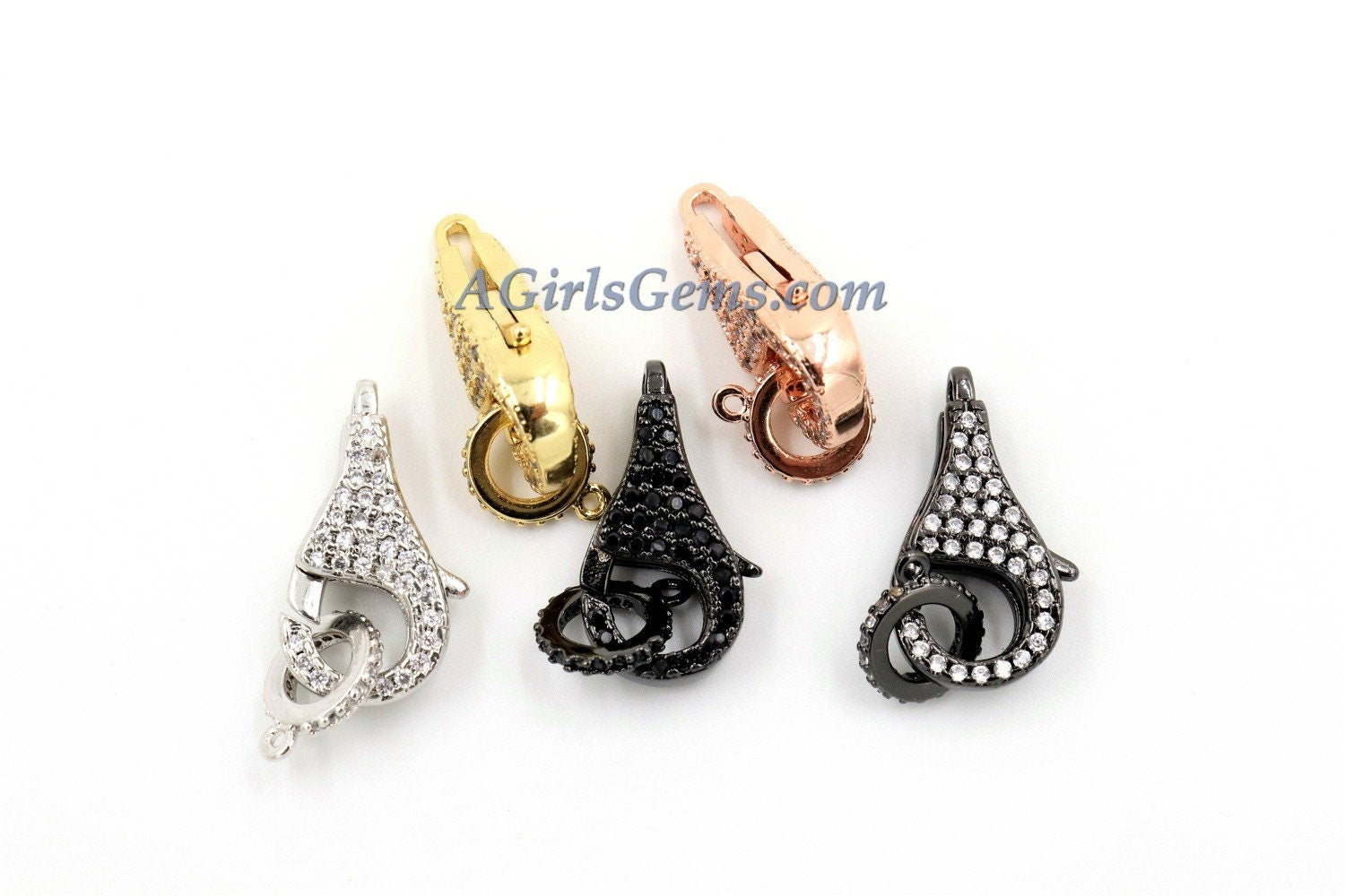 CZ Pave Lobster Clasp, Black Pave Clear 10 x 20 mm Rose, Gold, Silver, Black Connector Clasp, Cubic Zirconia #310 - A Girls Gems