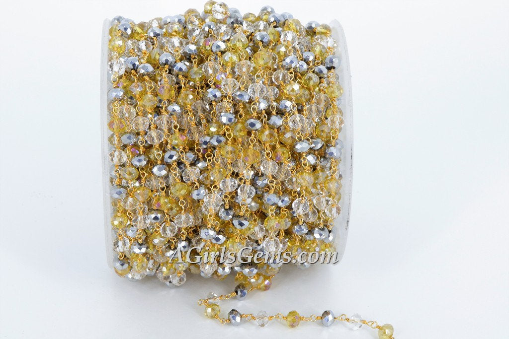 Crystal Rosary Chain, 22 K Gold Wire Wrapped Clear. Silver Gold AB Pink Opal Multi Color Beaded Necklace Chain 6 mm Bulk Wholesale Store - A Girls Gems