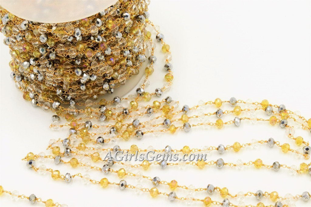 Crystal Rosary Chain, 22 K Gold Wire Wrapped Clear. Silver Gold AB Pink Opal Multi Color Beaded Necklace Chain 6 mm Bulk Wholesale Store - A Girls Gems
