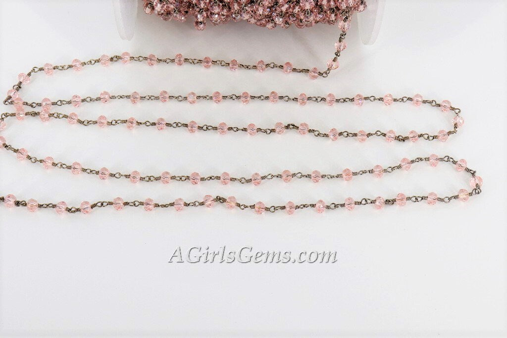 Pink Crystal Rosary Beaded Rosary Chain, Gunmetal Black 4 mm Rondelle Religious Bulk Chains for Rosary Necklace/Bracelet Jewelry Supplies - A Girls Gems