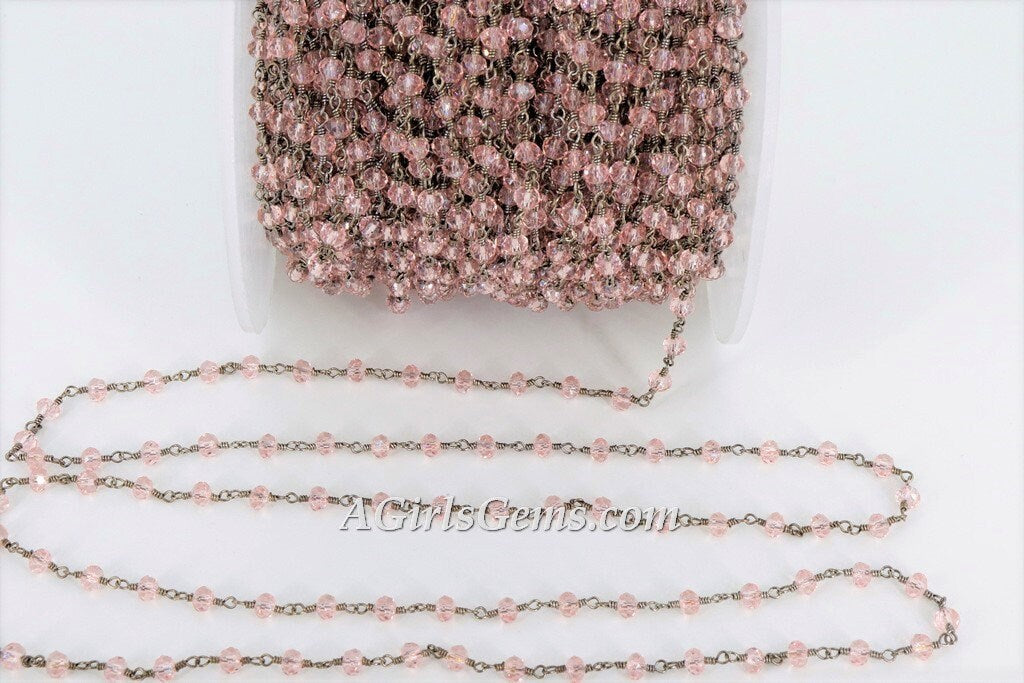 Pink Crystal Rosary Beaded Rosary Chain, Gunmetal Black 4 mm Rondelle Religious Bulk Chains for Rosary Necklace/Bracelet Jewelry Supplies - A Girls Gems