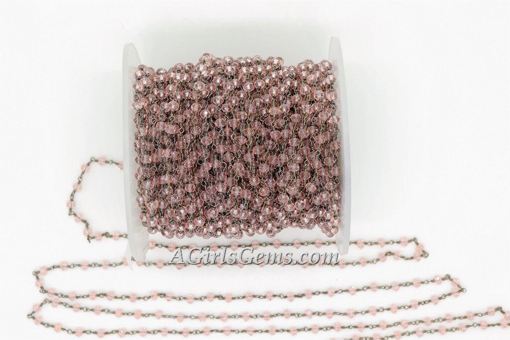 Pink Crystal Rosary Beaded Rosary Chain, Gunmetal Black 4 mm Rondelle Religious Bulk Chains for Rosary Necklace/Bracelet Jewelry Supplies - A Girls Gems