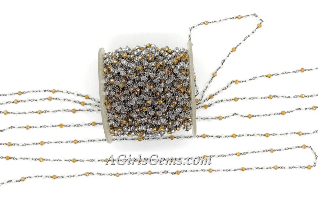 Crystal Gunmetal Rosary Chain, Boho Style Black Wire Wrapped Clear - A Girls Gems