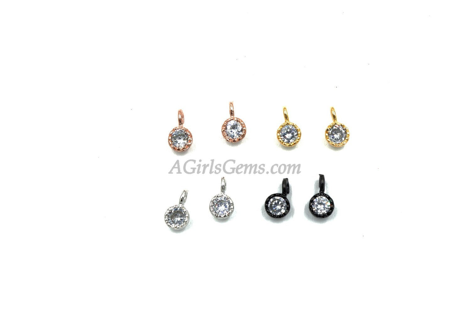 CZ Gold Solitaire Charms, 2 Pcs 4, 6 mm CZ Silver Solitaire Dangles, Black Cubic Zircon Link, Rose Gold Open Loop Dangle Charm Findings - A Girls Gems