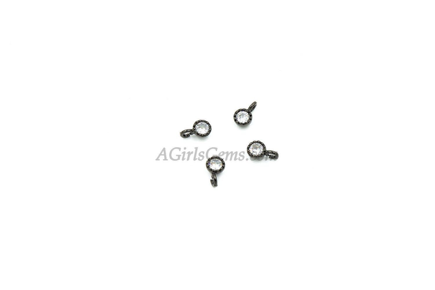 CZ Gold Solitaire Charms, 2 Pcs 4, 6 mm CZ Silver Solitaire Dangles, Black Cubic Zircon Link, Rose Gold Open Loop Dangle Charm Findings - A Girls Gems