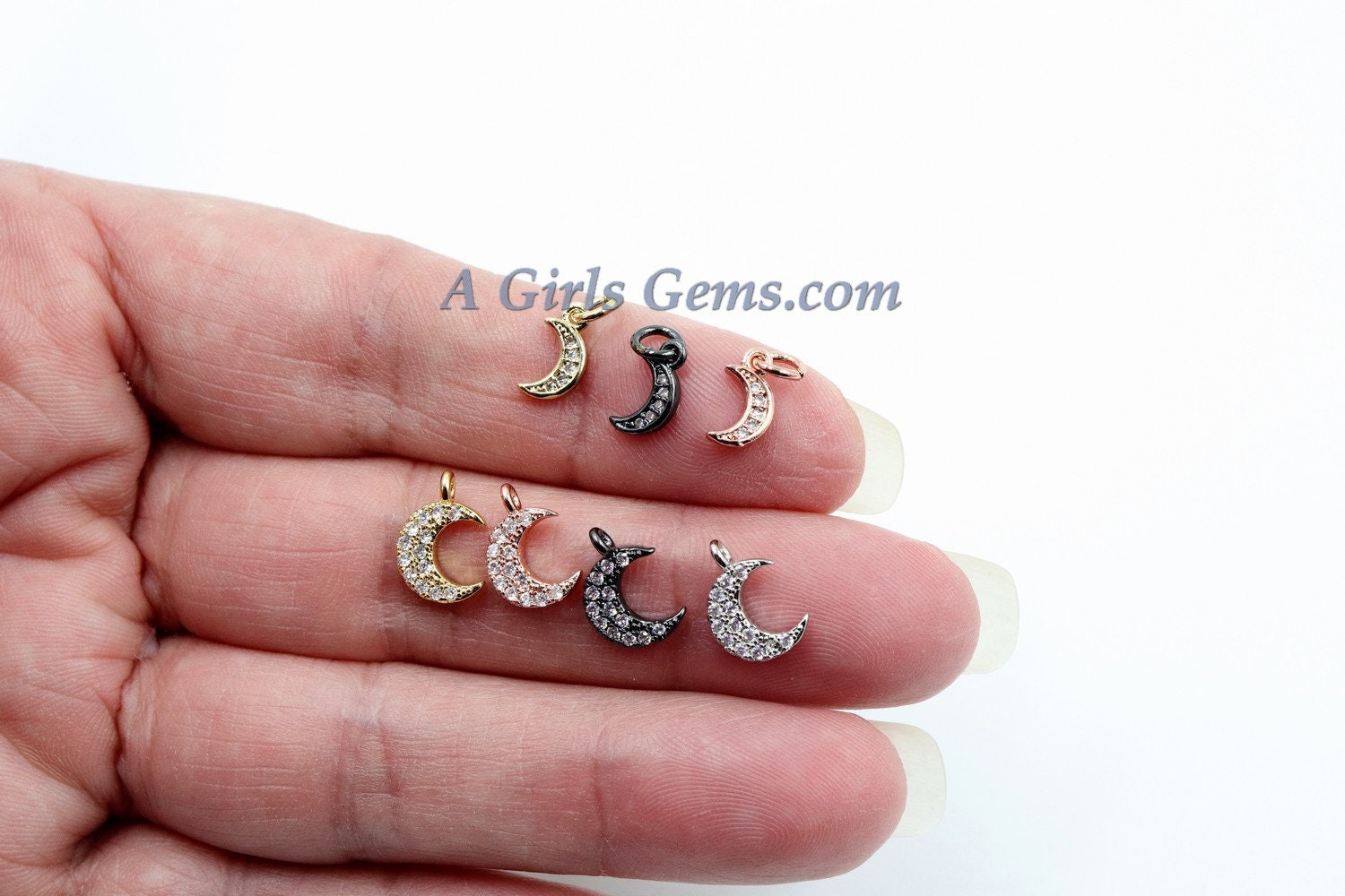 CZ Tiny Crescent Moon Charm, 3 pcs Mini Moon Charms, Dainty CZ Moon, 8 x 10 mm #26 - A Girls Gems