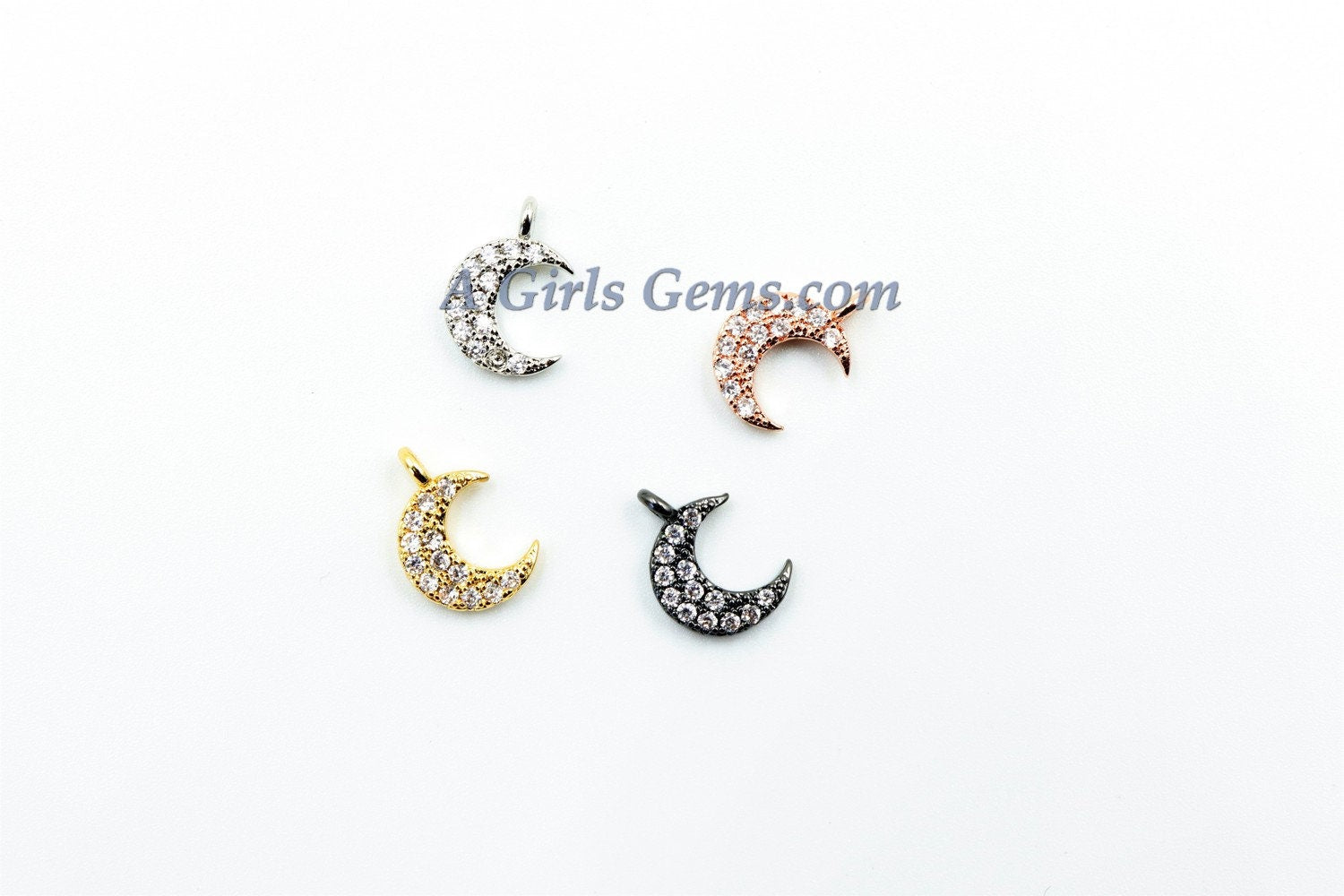 CZ Tiny Crescent Moon Charm, 3 pcs Mini Moon Charms, Dainty CZ Moon, 8 x 10 mm #26 - A Girls Gems