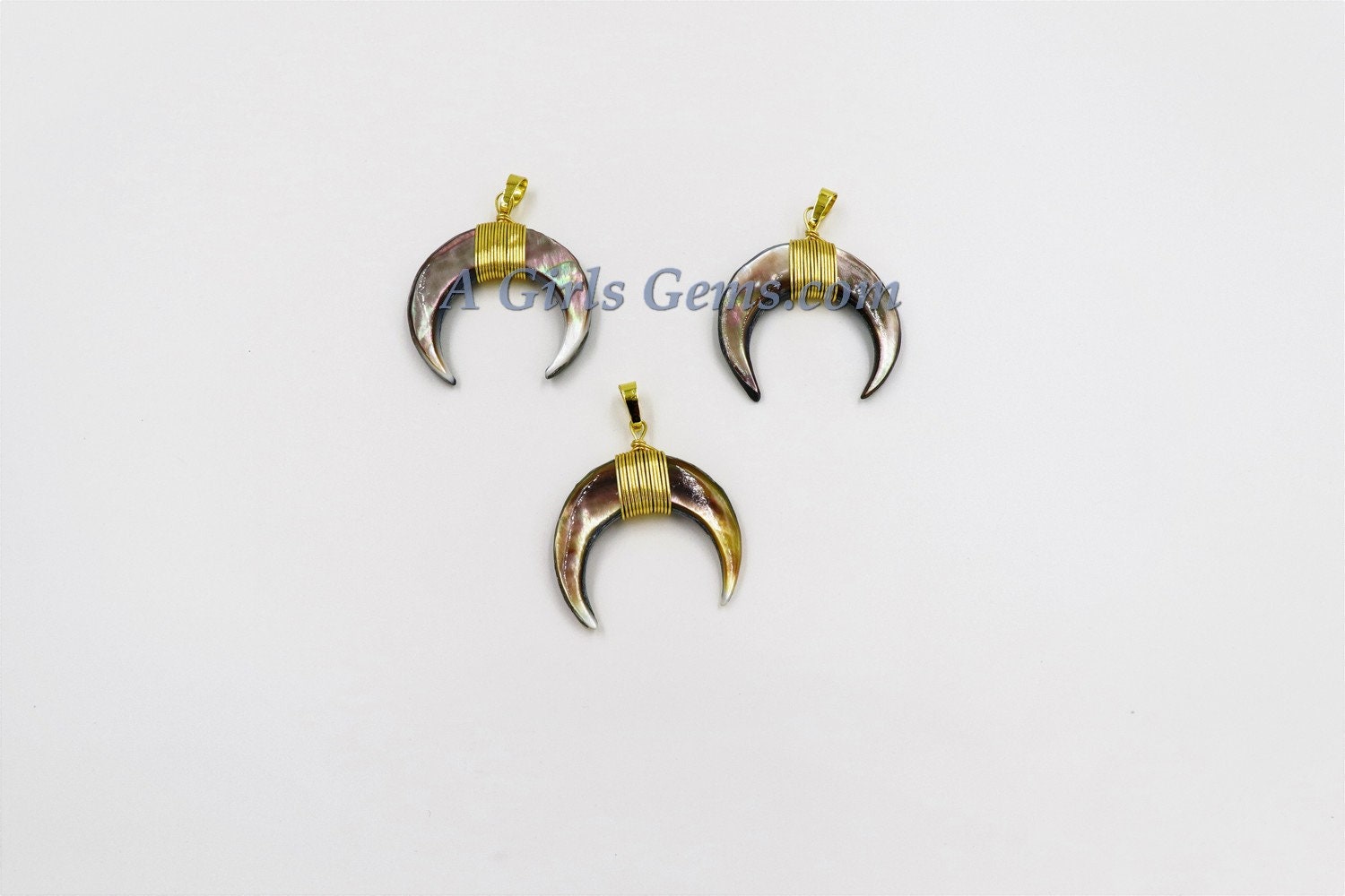 Crescent Moon Charms, Black Shell Double Horn Charms, Shell Pendants Gold Wire Wrapped, 35 mm Boho Pendant DIY Jewelry Making - A Girls Gems