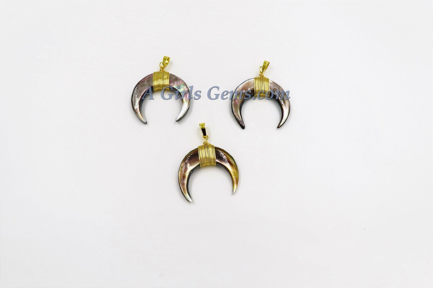 Crescent Moon Charms, Black Shell Double Horn Charms, Shell Pendants Gold Wire Wrapped, 35 mm Boho Pendant DIY Jewelry Making - A Girls Gems