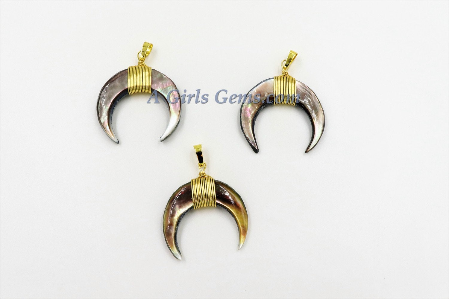 Crescent Moon Charms, Black Shell Double Horn Charms, Shell Pendants Gold Wire Wrapped, 35 mm Boho Pendant DIY Jewelry Making - A Girls Gems