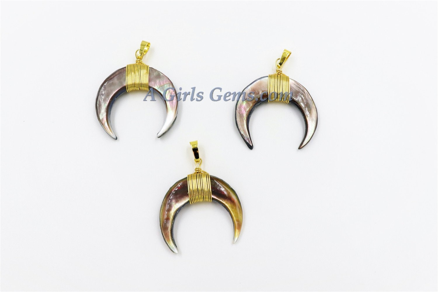 Crescent Moon Charms, Black Shell Double Horn Charms, Shell Pendants Gold Wire Wrapped, 35 mm Boho Pendant DIY Jewelry Making - A Girls Gems