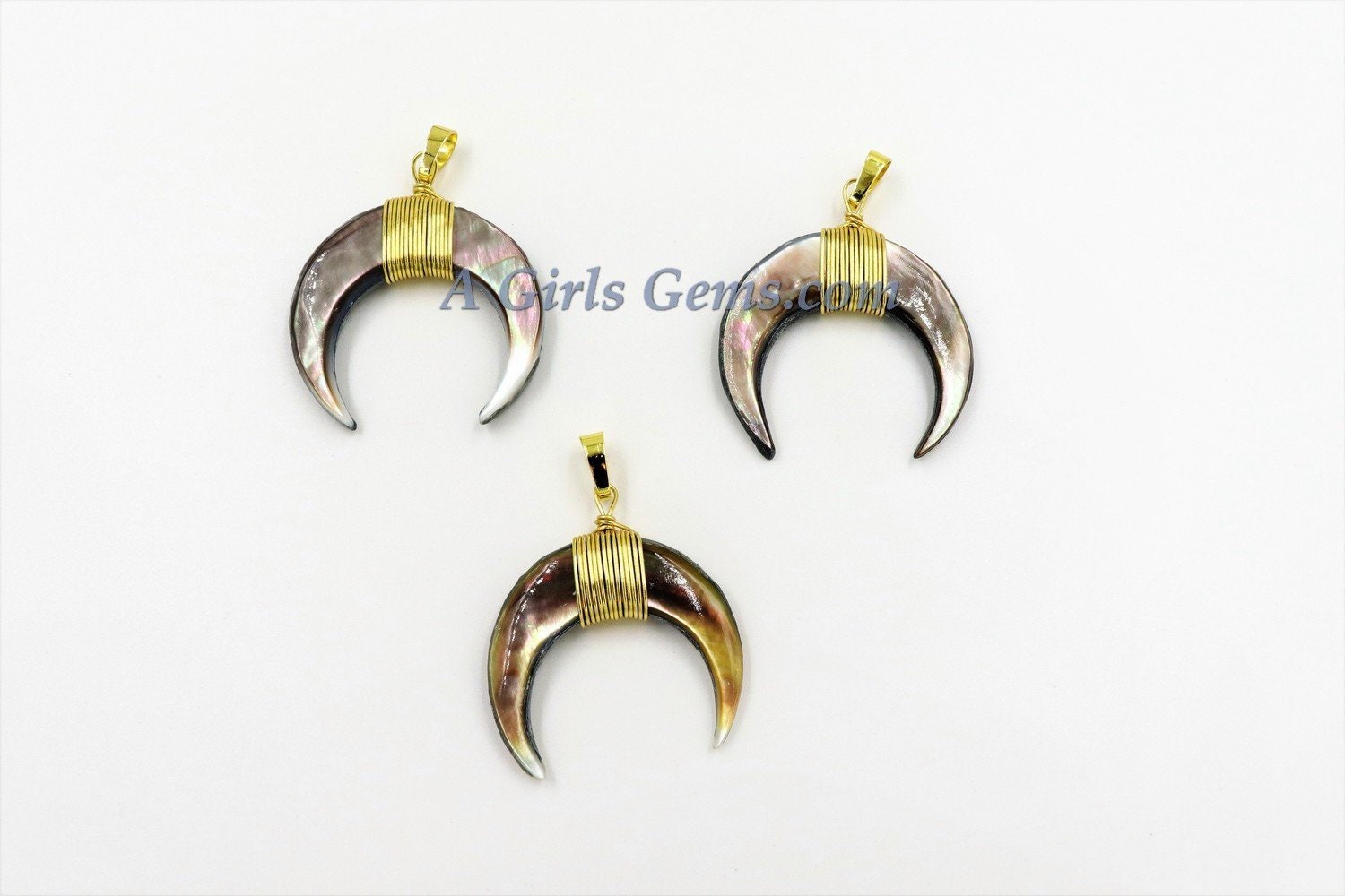 Crescent Moon Charms, Black Shell Double Horn Charms, Shell Pendants Gold Wire Wrapped, 35 mm Boho Pendant DIY Jewelry Making - A Girls Gems