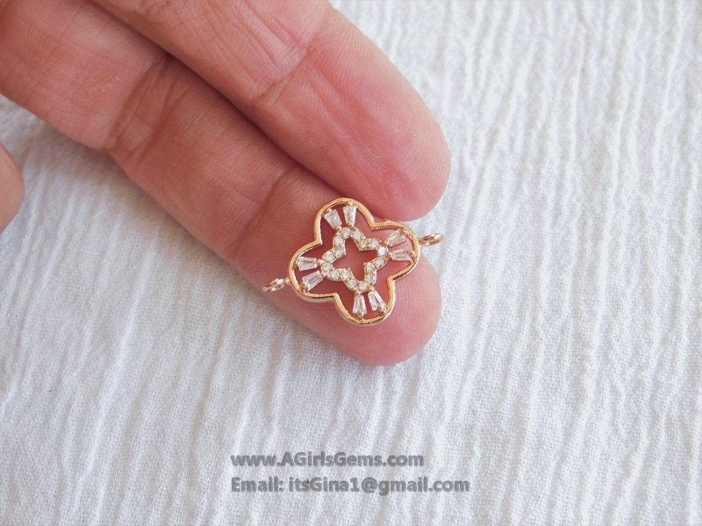 CZ Quatrefoil Connectors, Black Cubic Zirconia Pave, Fancy Baguette Bracelet Links, 15 x 21 mm - A Girls Gems