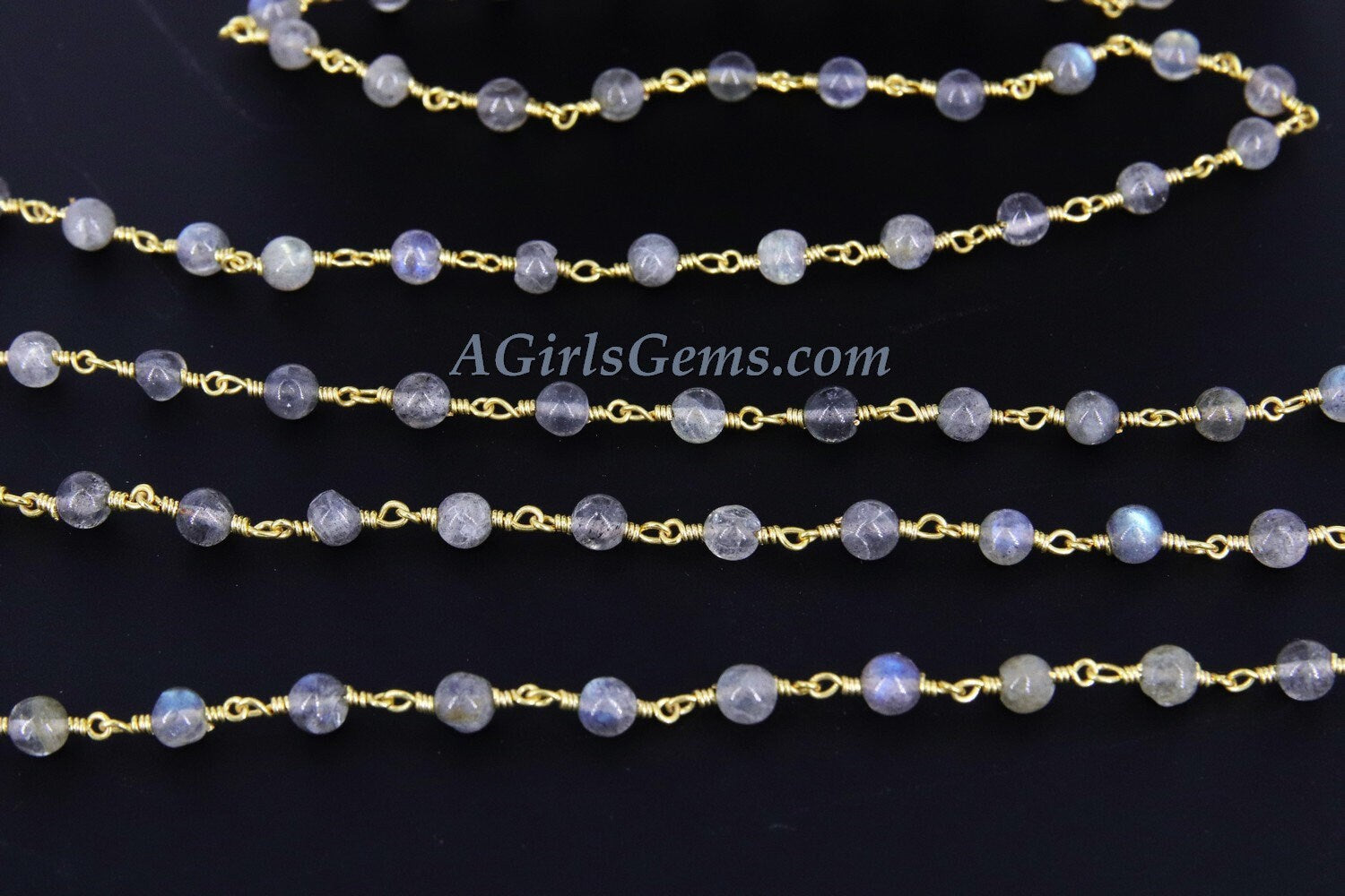 Labradorite Gemstone Rosary Chain,  4 mm Gold Wire Wrapped Chain, Boho Jewelry Chains, 1 5 10 feet Chain Roll Bulk Ships from USA