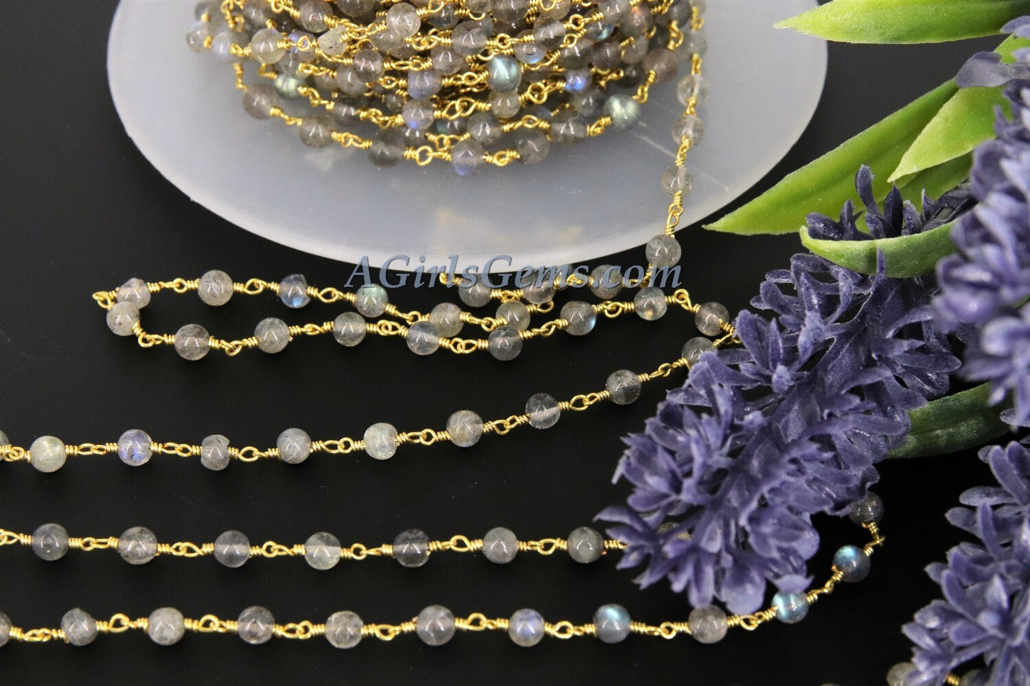 Labradorite Gemstone Rosary Chain,  4 mm Gold Wire Wrapped Chain, Boho Jewelry Chains, 1 5 10 feet Chain Roll Bulk Ships from USA