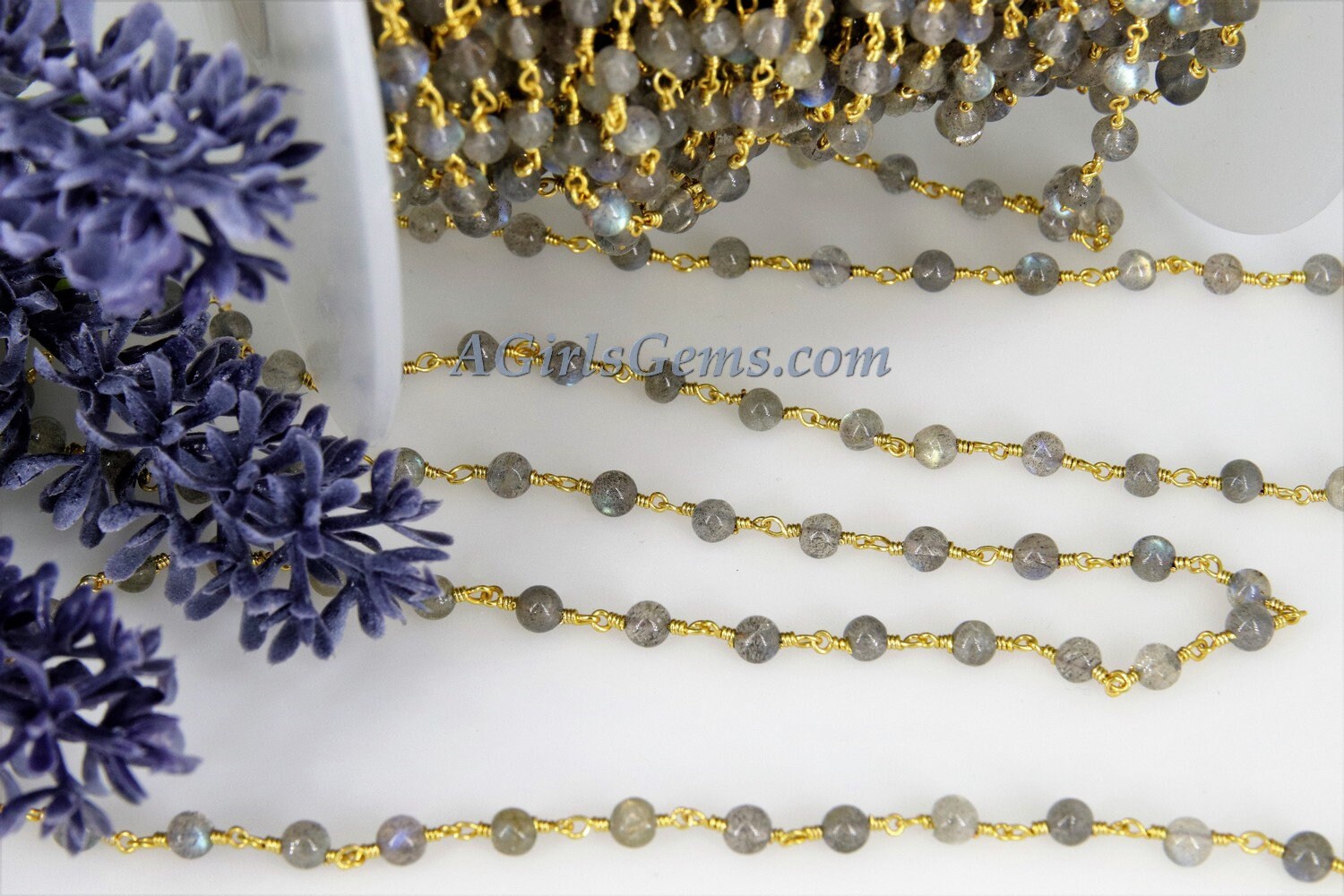 Labradorite Gemstone Rosary Chain,  4 mm Gold Wire Wrapped Chain, Boho Jewelry Chains, 1 5 10 feet Chain Roll Bulk Ships from USA