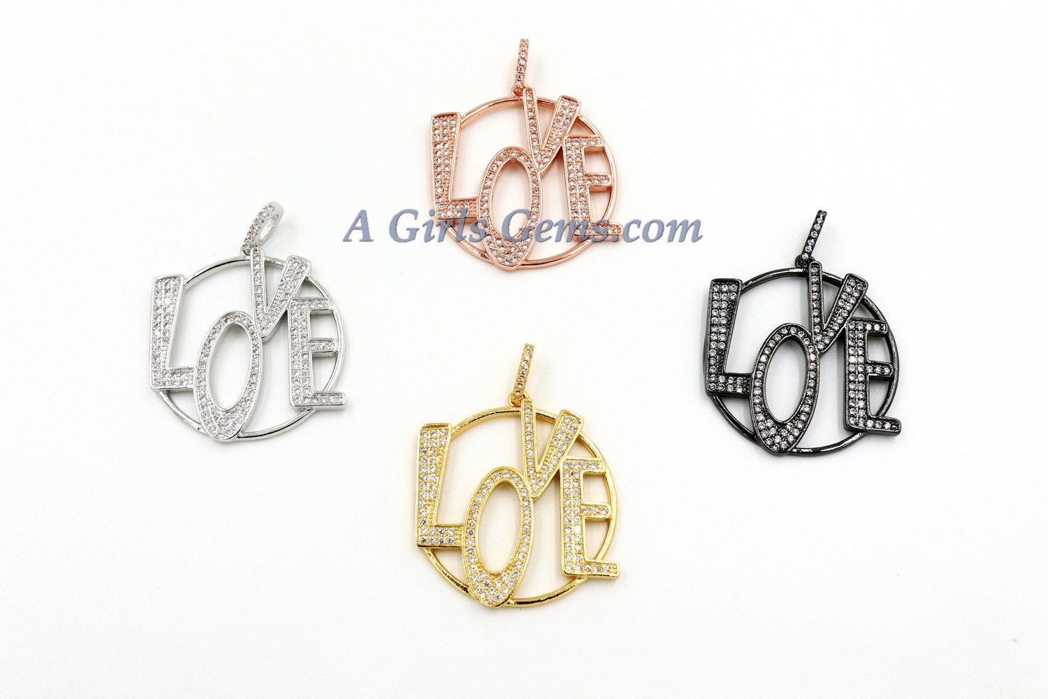 CZ Love Charms, CZ Large Round Bracelet Jewelry Pendants, Cubic Zirconia LOVE for Necklace, 18 k Rose/Silver/Gold or Black Rhodium Plated - A Girls Gems
