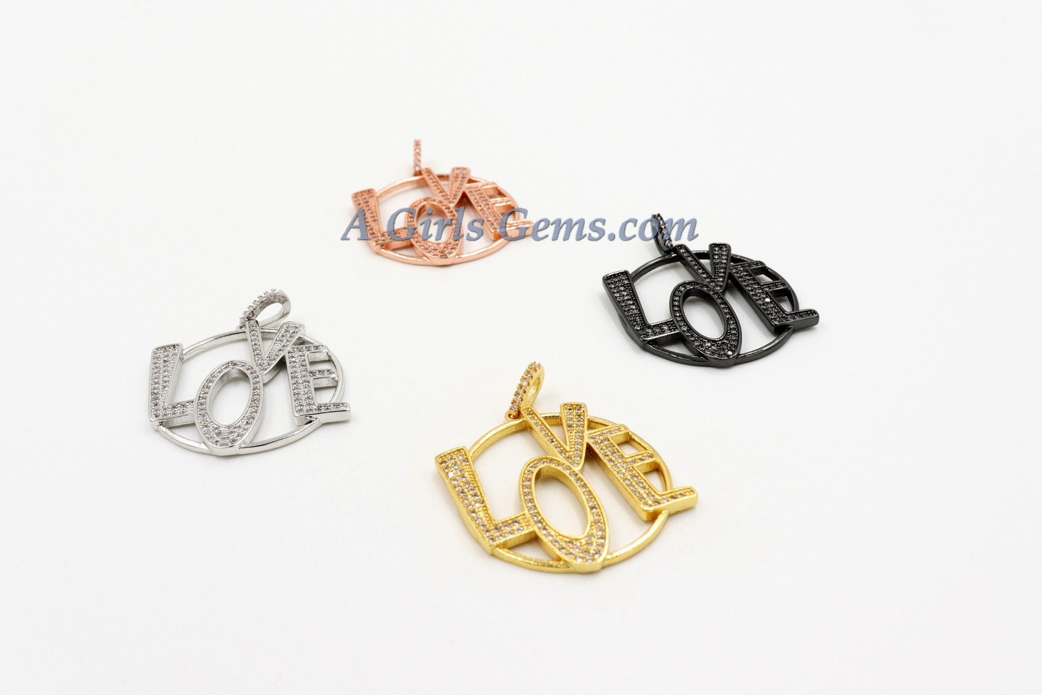 CZ Love Charms, CZ Large Round Bracelet Jewelry Pendants, Cubic Zirconia LOVE for Necklace, 18 k Rose/Silver/Gold or Black Rhodium Plated - A Girls Gems