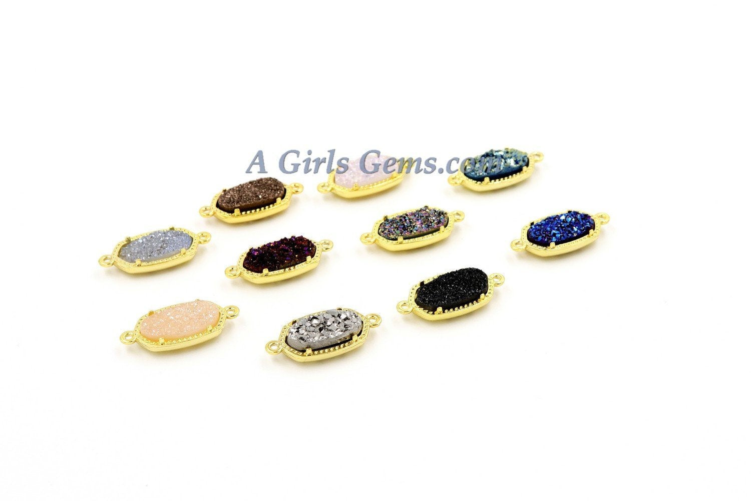 Gold plated Black Druzy Bar Oval Pendant Connector Bead - A Girls Gems