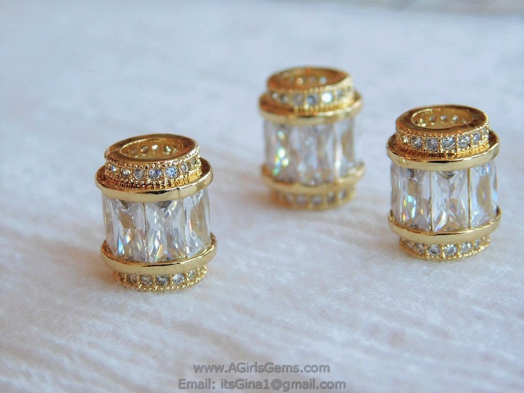 Purple Crystal Beads, CZ Micro Pave Gold Tube Beads, Large Hole Beads 10 x 12 mm 18 K Gold Plated, Elegant Fancy Cubic Zirconia Barrel Beads - A Girls Gems