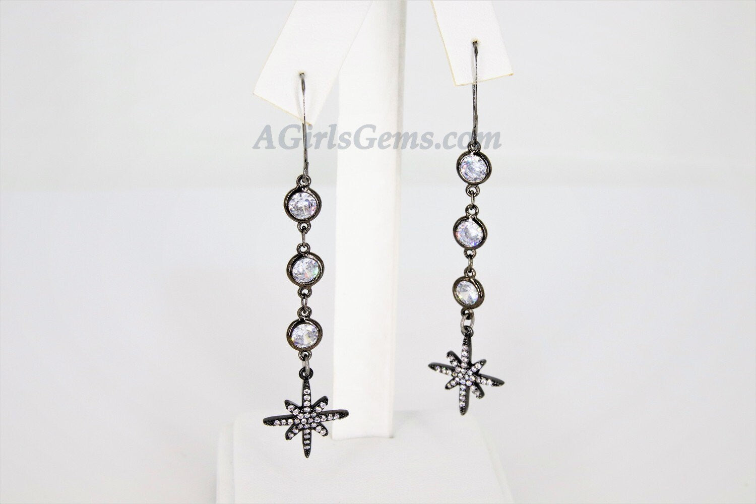 CZ Star Dangle Earrings, Starburst Earrings in Gold/Silver/Black, Elegant Crystal Cubic Zirconia Long Chain Earrings