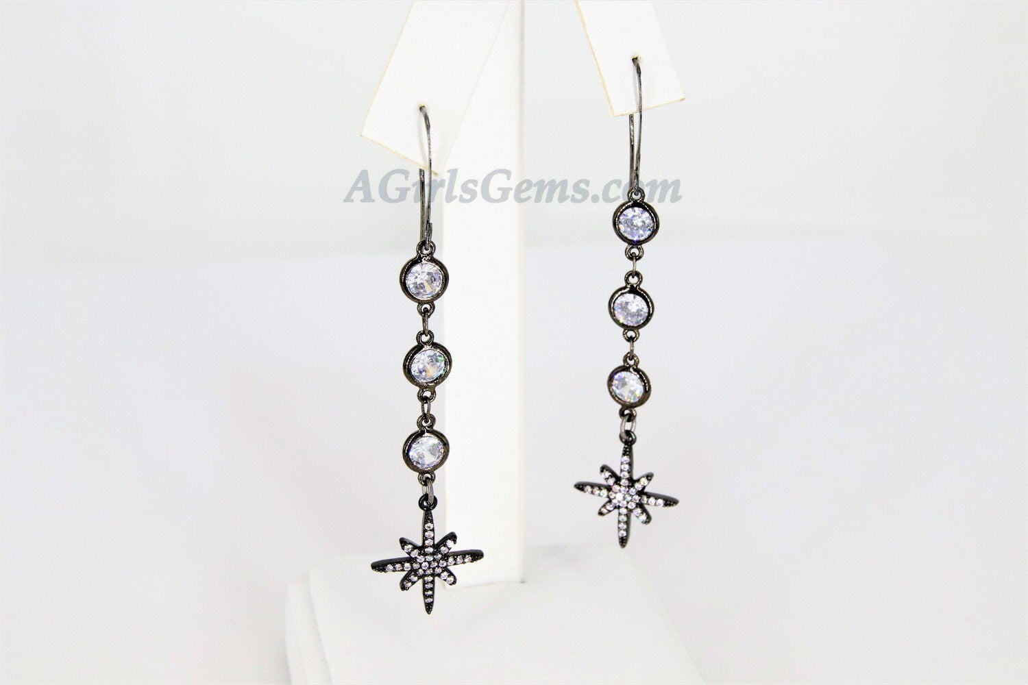 CZ Star Dangle Earrings, Starburst Earrings in Gold/Silver/Black, Elegant Crystal Cubic Zirconia Long Chain Earrings