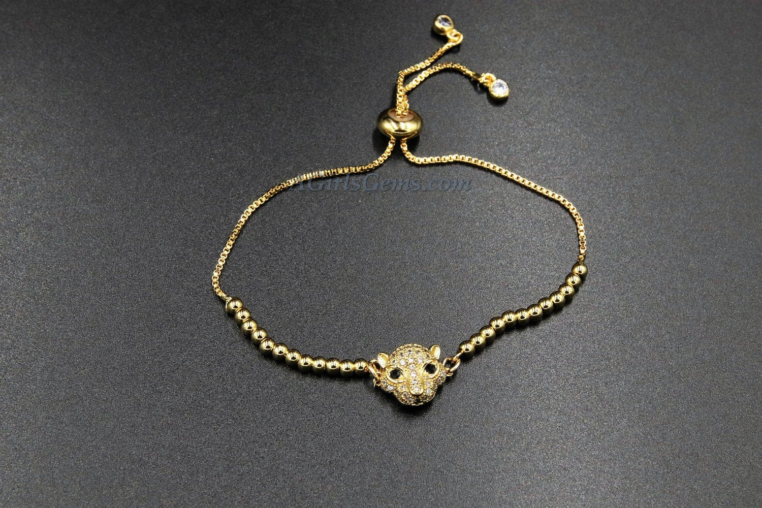 Tiger Head Bracelet, Black, Gold Animal Bead CZ Cat Head Adjustable Bolo Bracelet, Cubic Zirconia Chain Bracelets, 3D Panther - A Girls Gems