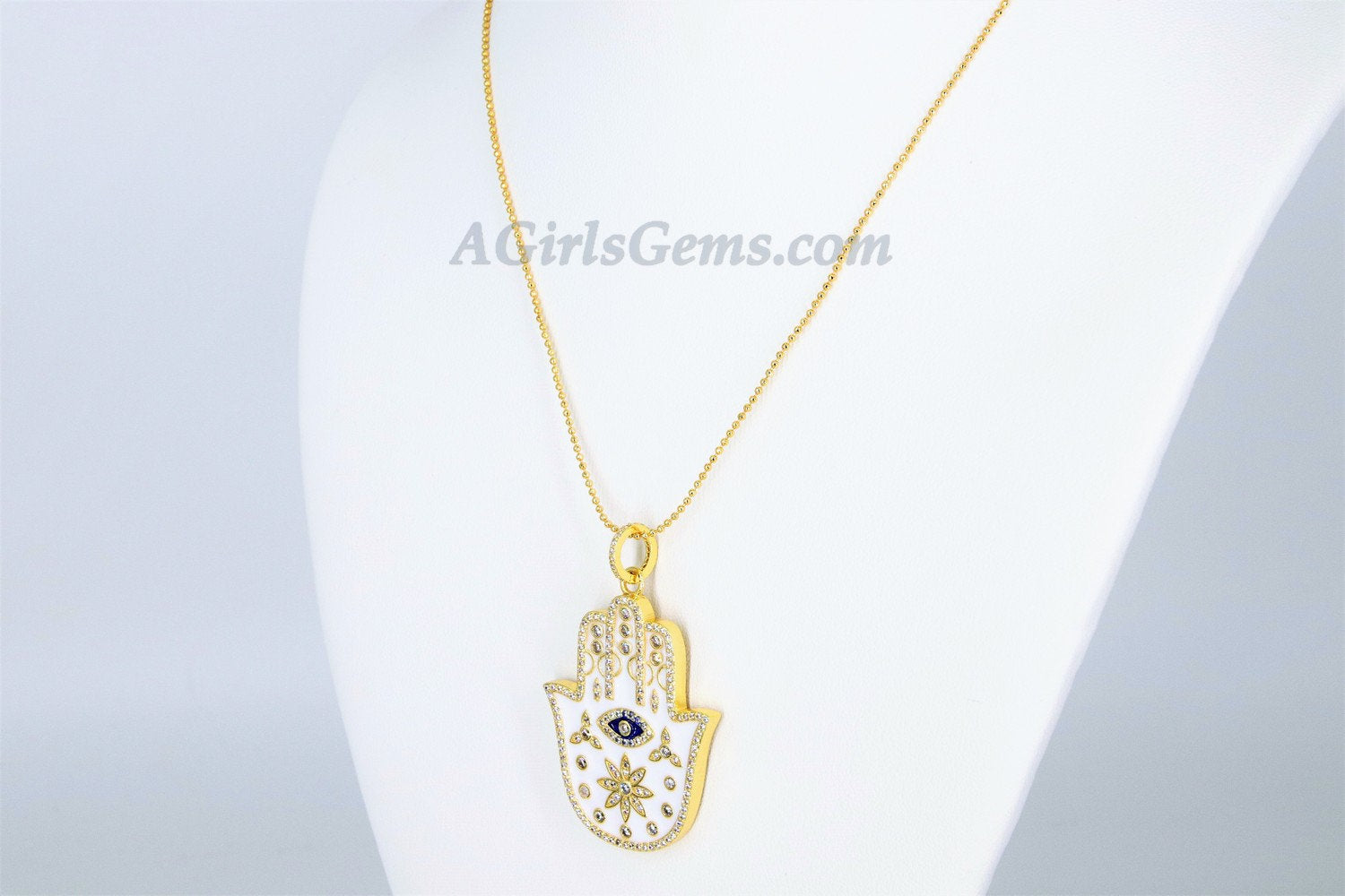 Evil Eye Hamsa Necklace, CZ Evil Eye Large Hamsa Hand, Turquoise Blue Evil Eye - A Girls Gems