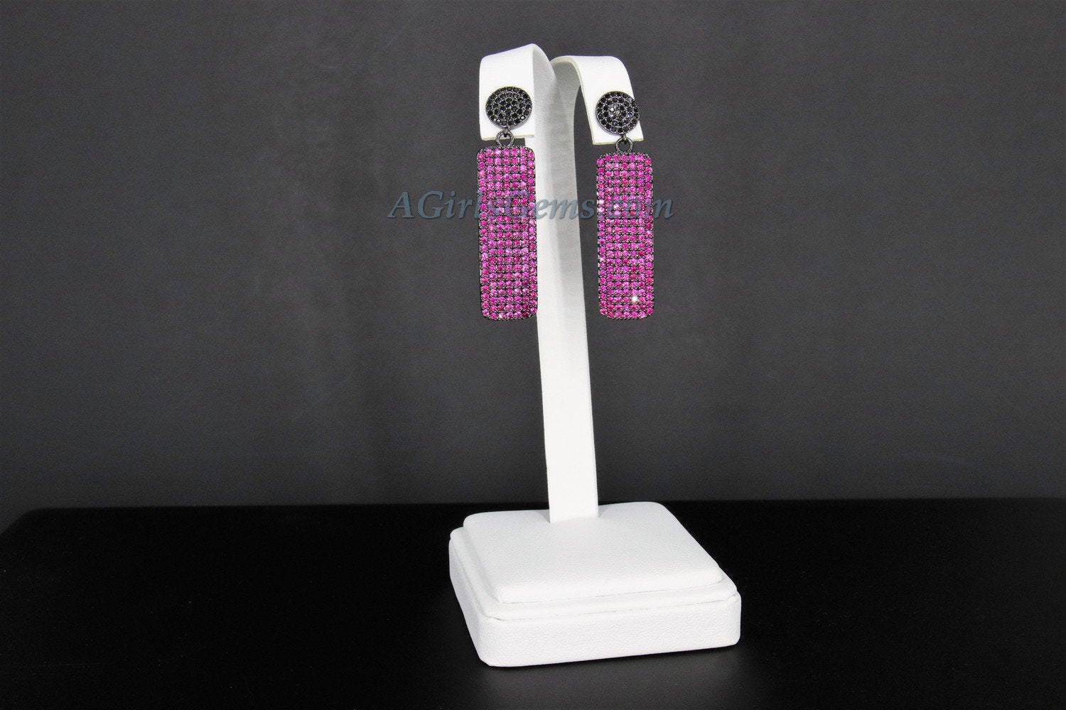 Mardi Gras Jewelry, Pink and Black CZ Pave Stud Earrings, Diamond Pave Fuschia Vertical Bar Earrings  by Regina Harp Designs - A Girls Gems