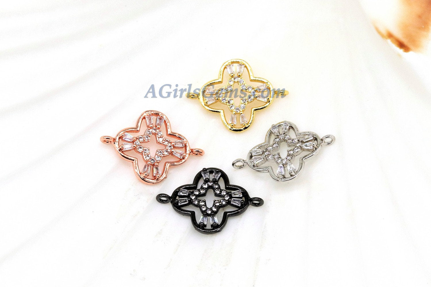 CZ Quatrefoil Connectors, Black Cubic Zirconia Pave, Fancy Baguette Bracelet Links, 15 x 21 mm - A Girls Gems