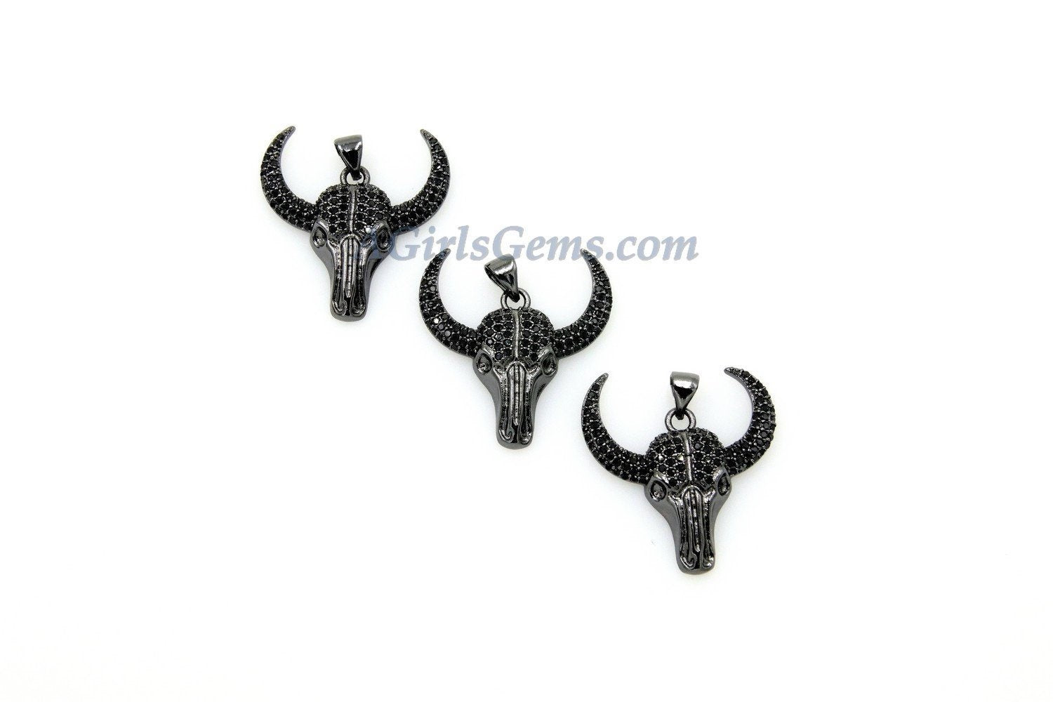Bull Skull Pendant, CZ Gold Pave Cow Skull Charm - A Girls Gems