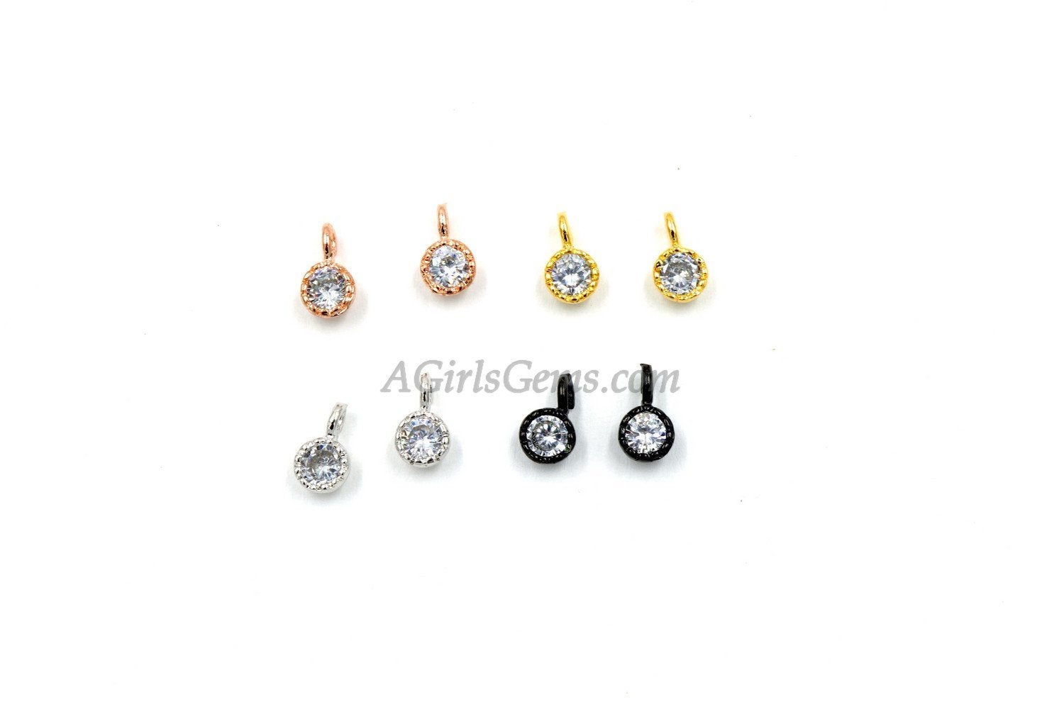 CZ Gold Solitaire Charms, 2 Pcs 4, 6 mm CZ Silver Solitaire Dangles, Black Cubic Zircon Link, Rose Gold Open Loop Dangle Charm Findings - A Girls Gems