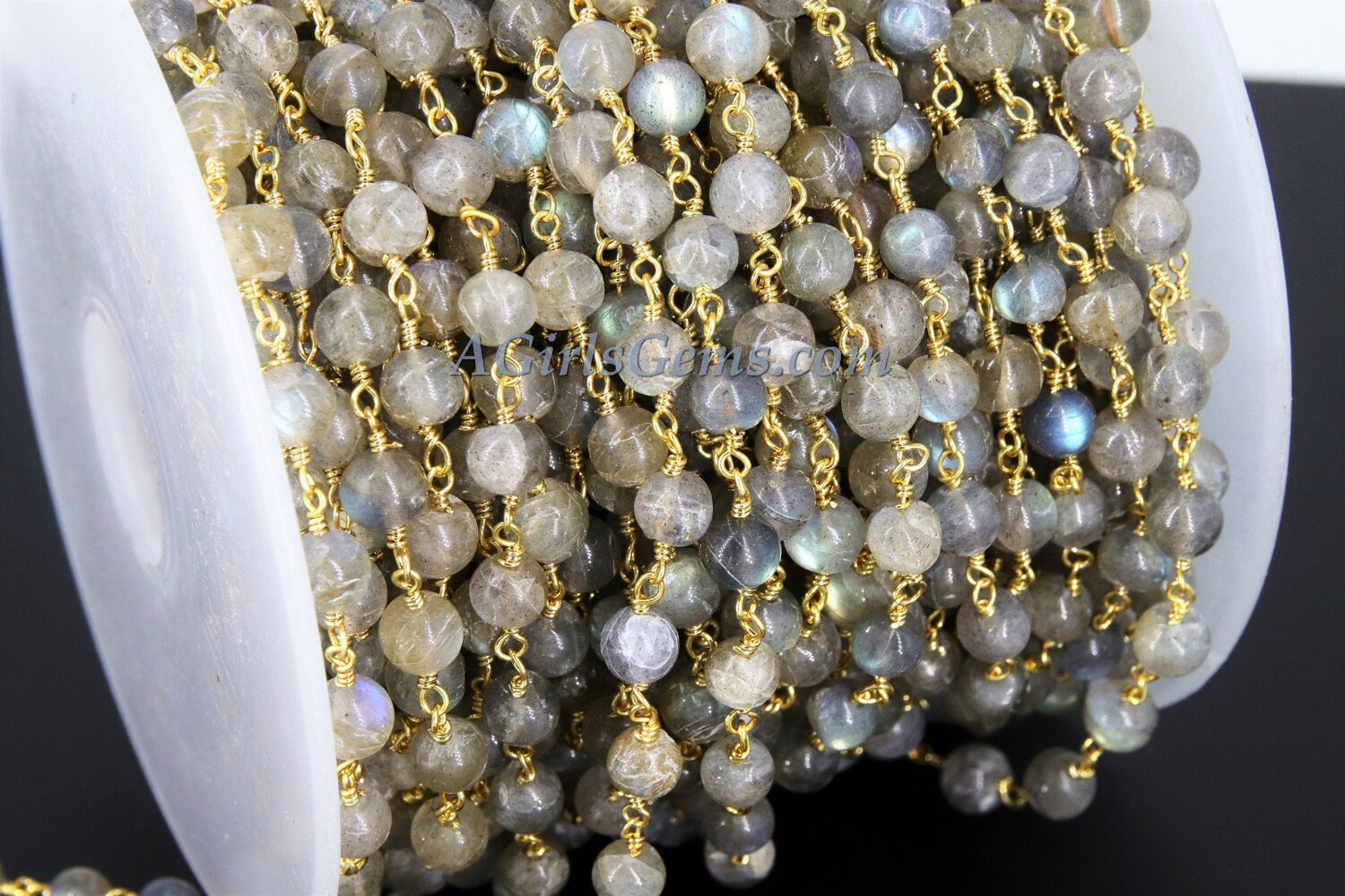 Labradorite Gemstone Rosary Chain,  4 mm Gold Wire Wrapped Chain, Boho Jewelry Chains, 1 5 10 feet Chain Roll Bulk Ships from USA