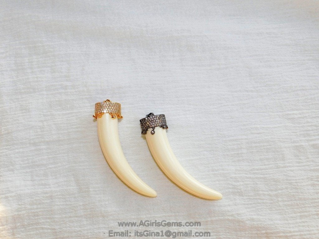 CZ Micro Paved Horn Pendant with CZ Dangles, Tusk Charms Boho Findings, Gold - A Girls Gems